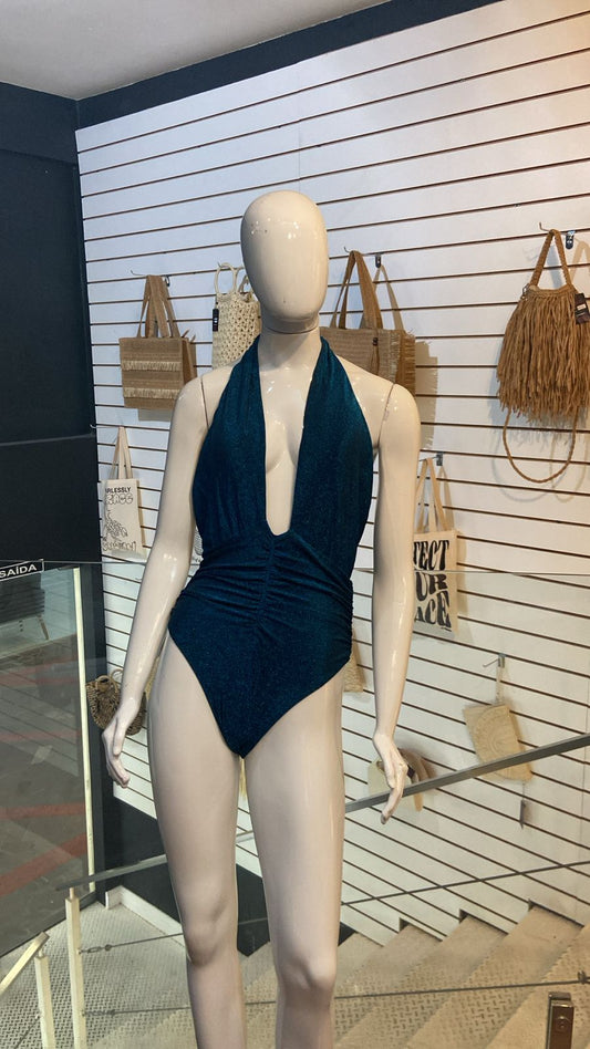 Maiô Metalizado Decote Profundo Azul Petróleo