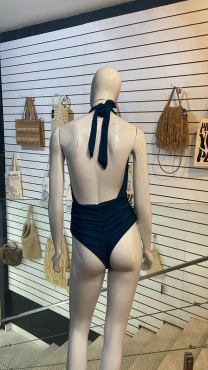 Maiô Metalizado Decote Profundo Azul Petróleo