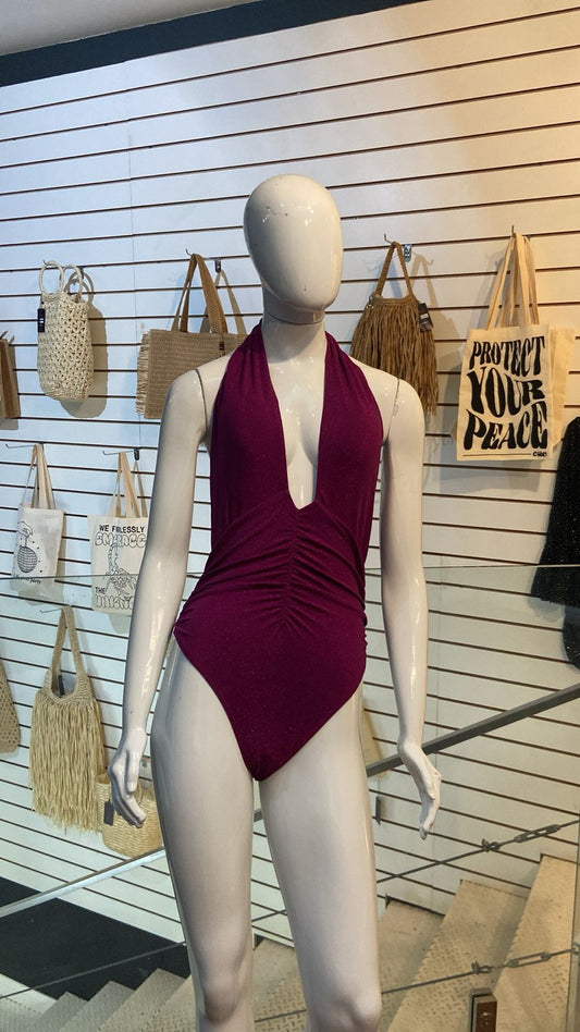 Maiô Metalizado Decote Profundo Pink