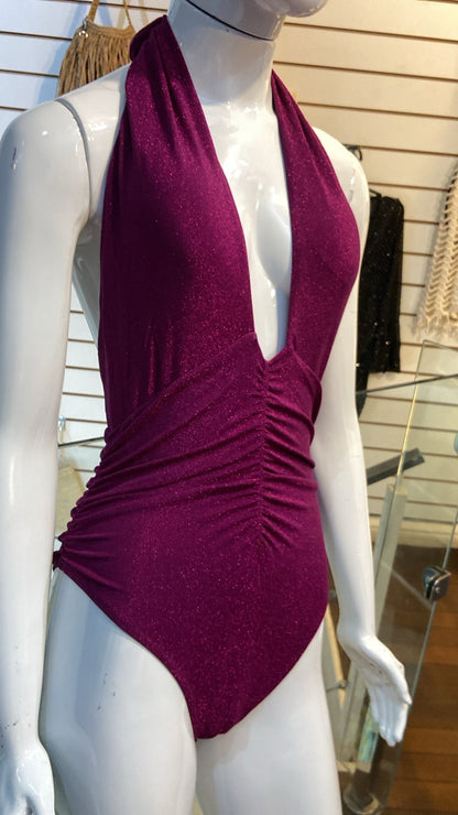 Maiô Metalizado Decote Profundo Pink