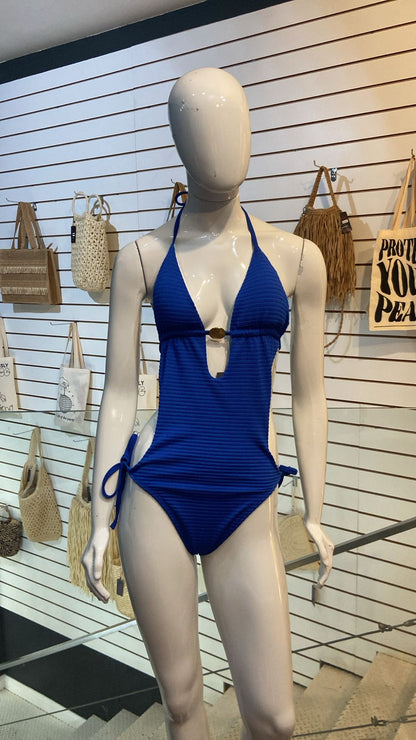 Maiô Azul Canelado com Concha Dourada
