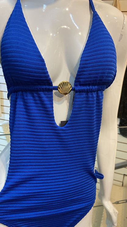 Maiô Azul Canelado com Concha Dourada