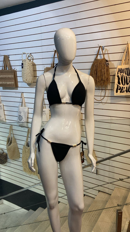 Biquíni Preto Canelado com Detalhes Dourados