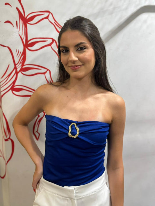 Body Azul Bic Tomara que Caia com Detalhe Dourado Orgânico no Decote