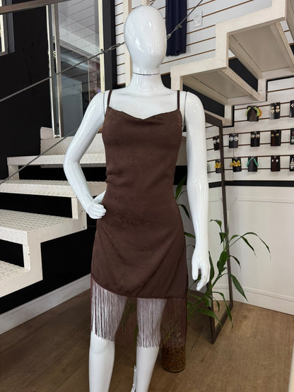Vestido Marrom Midi com Franjas