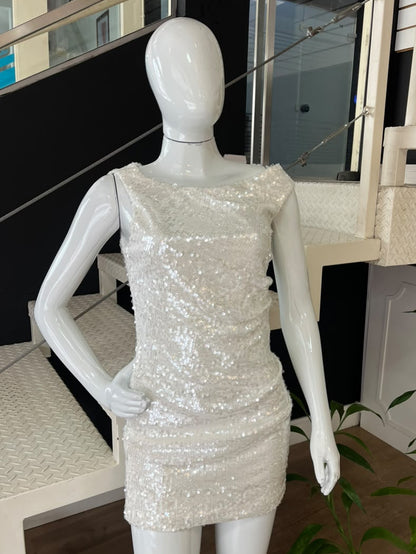 Vestido Assimétrico Paetê Branco