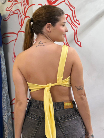 Cropped com Aro e Amarração nas Costas Amarelo Manteiga