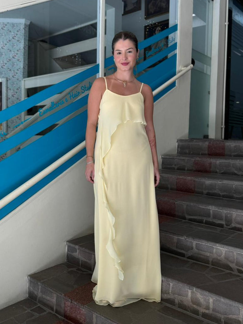 Vestido Amarelo Manteiga com Babados