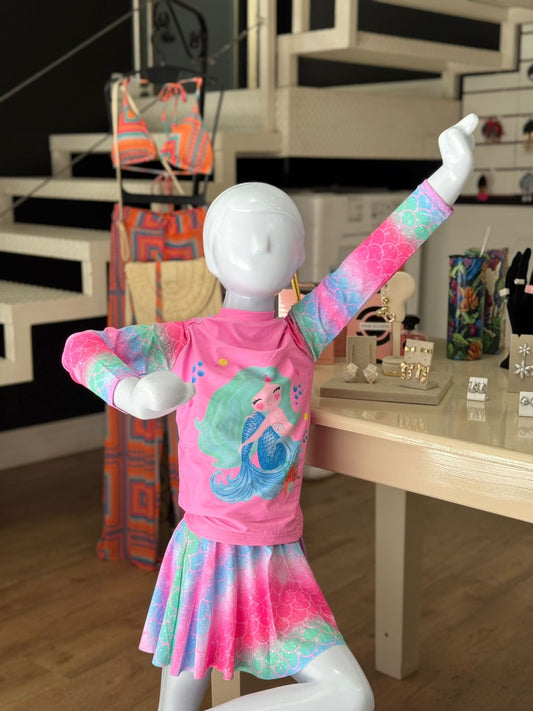 Conjunto Infantil Sereia com Blusa UV e Saia